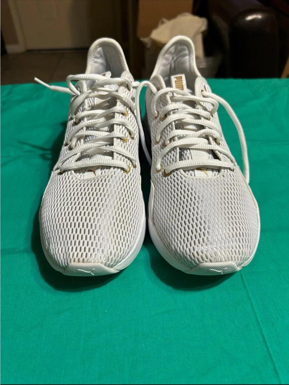 Puma White Mesh Running Sneakers with Gold Accents